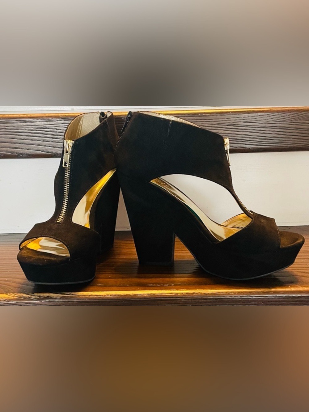 Carlos by Carlos Santana Black Suede Platform Ankle Peep Toe Shoes Gold Accent